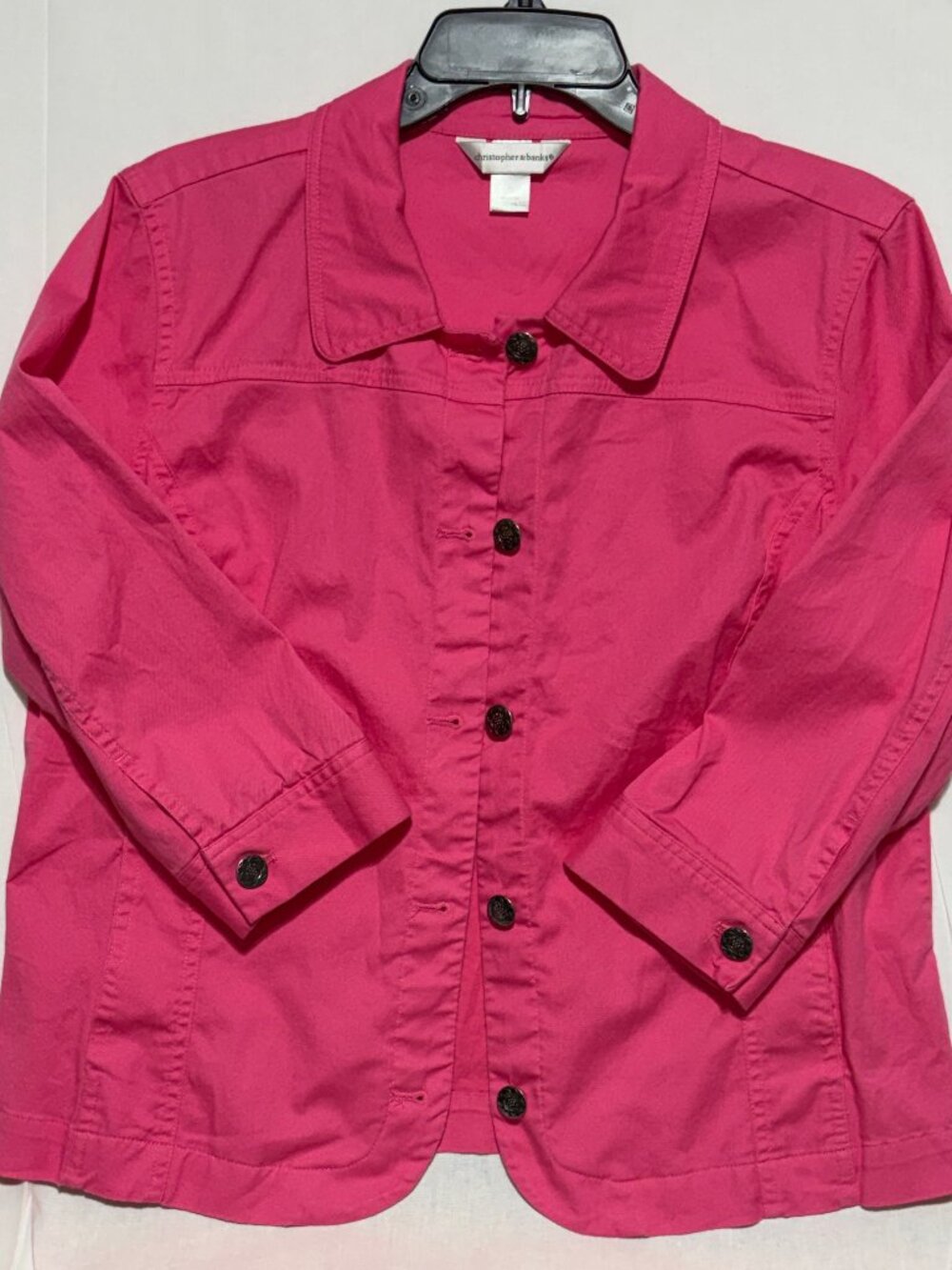 Christopher & Banks Womens L Hot Pink Jacket Stretch Twill Button Front 3/4 Slv